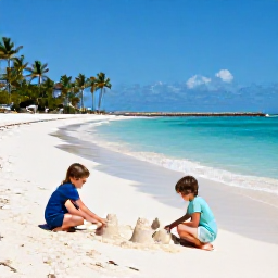 Caribbean Holidays, Cayman Family Holidays, A relaxed family scene on Seven Mile Beach in Grand Cayman, with children building sandcastles, calm turquoise water and palm trees