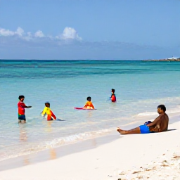 Caribbean Holidays, Cayman Family Holidays, A relaxed family scene on Seven Mile Beach in Grand Cayman, with children paddling in clear shallow water and parents relaxing on soft white sand