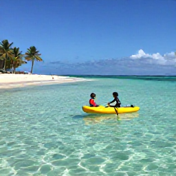Caribbean Holidays, Cayman Family Holidays, Children paddling in the clear shallow water at Seven Mile Beach with palm trees and calm turquoise sea