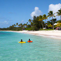 Caribbean Holidays, Cayman Family Holidays, Children paddling in the shallow turquoise water at Seven Mile Beach, Grand Cayman, with palm trees and soft white sand
