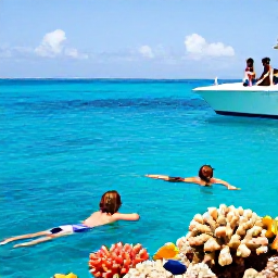 Caribbean Holidays, Cayman Family Holidays, Children snorkelling with colourful fish near a coral reef while parents watch from a boat in clear blue Caribbean water, Cayman Islands