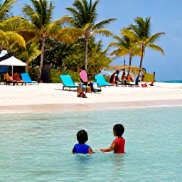 Caribbean Holidays, Cayman Family Holidays, Children swimming in shallow clear water beside a sandy Cayman Islands beach, parents relaxing nearby under palm trees
