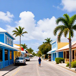 Caribbean Holidays, Cayman Family Holidays, Families exploring the colourful streets and waterfront of George Town, Grand Cayman, with palm trees and Caribbean buildings