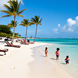 Caribbean Holidays, Cayman Family Holidays, Families relaxing beside a calm Caribbean lagoon with sun loungers, palm trees and children playing safely in shallow water, Cayman Islands