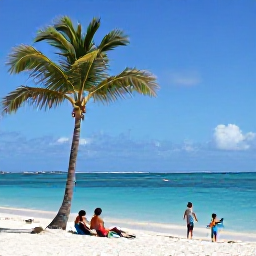 Caribbean Holidays, Cayman Family Holidays, Families relaxing on the calm shallow shoreline of Seven Mile Beach, Grand Cayman, with children paddling and adults under a palm tree