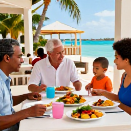 Caribbean Holidays, Cayman Family Holidays, Family enjoying a casual Caribbean dinner at an outdoor restaurant in George Town, Grand Cayman, with colourful local dishes on the table