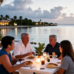 Caribbean Holidays, Cayman Family Holidays, Family enjoying a casual outdoor meal at a waterfront restaurant in Grand Cayman during a warm early evening
