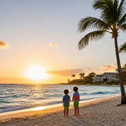 Caribbean Holidays, Cayman Family Holidays, Family enjoying a golden sunset beside the Caribbean Sea, with palm trees and a comfortable Cayman Islands resort in the background