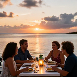 Caribbean Holidays, Cayman Family Holidays, Family enjoying a relaxed al fresco dinner at a welcoming Cayman Islands restaurant at sunset