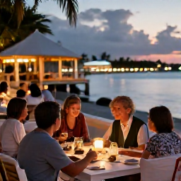 Caribbean Holidays, Cayman Family Holidays, Family enjoying a relaxed outdoor dinner at a waterfront restaurant in George Town, Cayman Islands, during a warm evening