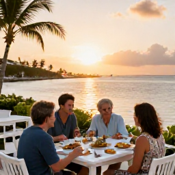 Caribbean Holidays, Cayman Family Holidays, Family enjoying a relaxed outdoor meal at a waterfront restaurant in Grand Cayman during sunset