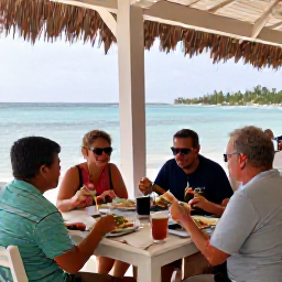 Caribbean Holidays, Cayman Family Holidays, Family enjoying a relaxed seaside meal at a waterside restaurant in George Town, Cayman Islands
