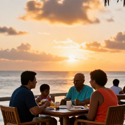 Caribbean Holidays, Cayman Family Holidays, Family enjoying an outdoor Caribbean restaurant meal at sunset on Grand Cayman, with relaxed island atmosphere