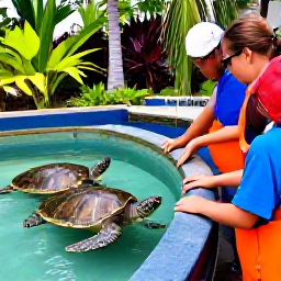 Caribbean Holidays, Cayman Family Holidays, Family exploring the Cayman Turtle Centre in Grand Cayman, with children viewing turtles in a tropical garden