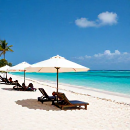 Caribbean Holidays, Cayman Family Holidays, Family relaxing beneath umbrellas on a wide white-sand beach beside clear blue water in Grand Cayman