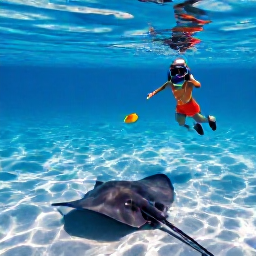 Caribbean Holidays, Cayman Family Holidays, Family snorkelling beside colourful tropical fish and a friendly stingray in the shallow blue waters of Grand Cayman