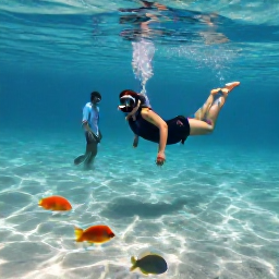 Caribbean Holidays, Cayman Family Holidays, Family snorkelling over colourful fish in clear shallow water near Grand Cayman, with a guide nearby