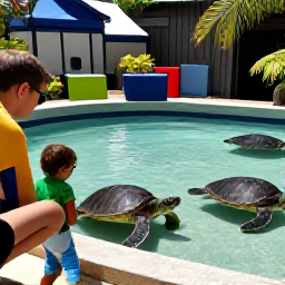 Caribbean Holidays, Cayman Family Holidays, Family visiting the Cayman Turtle Centre in Grand Cayman, with children viewing turtles in a tropical landscaped setting
