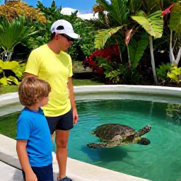 Caribbean Holidays, Cayman Family Holidays, Family visiting the Cayman Turtle Centre with a turtle pond and tropical gardens in the background