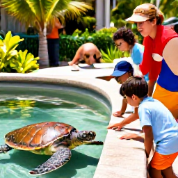 Caribbean Holidays, Cayman Family Holidays, Family visiting the Cayman Turtle Centre with children observing green sea turtles in a tropical garden setting