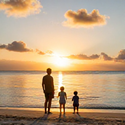 Caribbean Holidays, Cayman Family Holidays, Family watching a golden sunset over the calm Caribbean Sea from a Cayman Islands beach