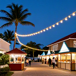 Caribbean Holidays, Cayman Family Holidays, Festive family evening in George Town with tasteful Christmas lights, local food stalls and palm trees, Cayman Islands