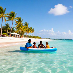 Caribbean Holidays, Cayman Family Holidays, Happy family paddling in the shallow turquoise water at Seven Mile Beach, Grand Cayman, with palm trees and bright Caribbean sunshine