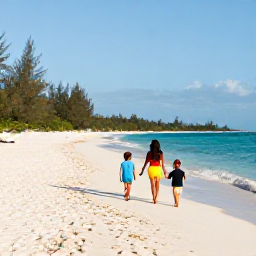 Caribbean Holidays, Cayman Family Holidays, Happy family walking along Seven Mile Beach in the Cayman Islands on a sunny March morning