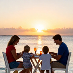 Caribbean Holidays, Cayman Family Holidays, Parents and children enjoying a relaxed sunset meal beside the sea in Grand Cayman