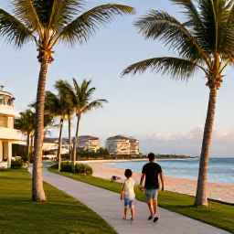 Caribbean Holidays, Cayman Family Holidays, Parents and children strolling beside palm trees near a Cayman Islands resort at golden hour