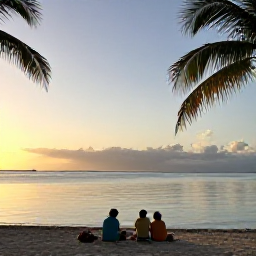 Caribbean Holidays, Cayman Family Holidays, Sunset over a calm Grand Cayman beach with a family sitting together near the water, warm evening light and palm trees