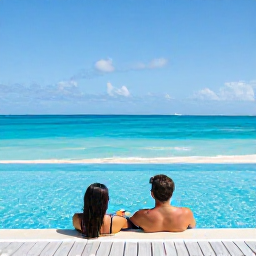 Caribbean Holidays, Cayman February, Couple relaxing beside an infinity pool overlooking the Caribbean Sea at a Grand Cayman resort