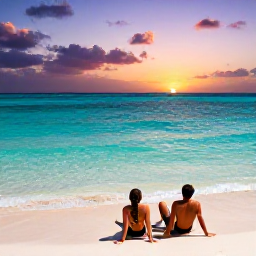 Caribbean Holidays, Cayman February, Couple relaxing on Seven Mile Beach, Grand Cayman, with clear shallow Caribbean water, gentle waves and a colourful sunset