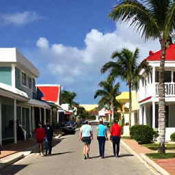 Caribbean Holidays, Cayman February, Friendly visitors walking through George Town, Grand Cayman, with colourful buildings and palm trees