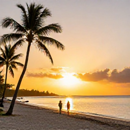 Caribbean Holidays, Cayman February, Golden sunset over a peaceful Grand Cayman beach with palm trees and a couple walking along the shore