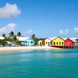 Caribbean Holidays, Cayman February Holidays, Sunny George Town waterfront in the Cayman Islands with colourful buildings, palm trees and clear Caribbean water