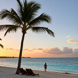 Caribbean Holidays, Cayman February Holidays, Traveller enjoying a calm Cayman Islands beach at sunset with palm trees, turquoise water and a comfortable tropical atmosphere