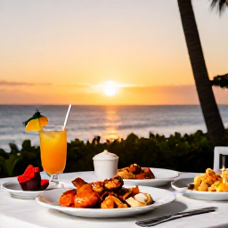 Caribbean Holidays, Cayman February, Outdoor table at a relaxed Cayman Islands restaurant at sunset, fresh seafood, tropical drinks and warm evening light