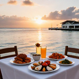 Caribbean Holidays, Cayman February, Outdoor table at a waterfront restaurant in George Town, Grand Cayman, serving fresh seafood at sunset