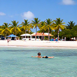 Caribbean Holidays, Cayman February, Swimmer enjoying calm clear water at Seven Mile Beach, Grand Cayman, with palm trees and a bright blue Caribbean sky