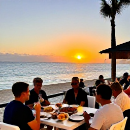 Caribbean Holidays, Cayman February Tours, A relaxed evening at a beachfront restaurant in Grand Cayman, with diners enjoying fresh seafood as the sun sets over the sea