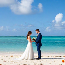 Caribbean Holidays, Cayman February Weddings, Bride and groom exchanging vows beside a calm turquoise sea on a Cayman Islands beach in February, with white sand and subtle tropical flowers