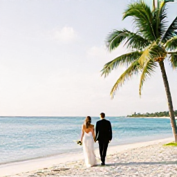 Caribbean Holidays, Cayman February Weddings, Bride and groom walking beside a calm turquoise sea on a Cayman Islands beach in February, with soft sunlight and palm trees