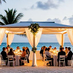 Caribbean Holidays, Cayman February Weddings, Elegant outdoor wedding reception on Seven Mile Beach, Cayman Islands, with guests dining under a softly lit canopy at sunset