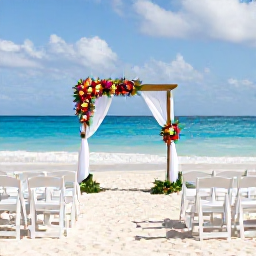 Caribbean Holidays, Cayman February Weddings, Elegant seaside wedding ceremony on Seven Mile Beach, Grand Cayman, with white chairs, tropical flowers and a turquoise horizon