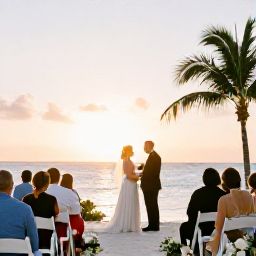 Caribbean Holidays, Cayman February Weddings, Happy newlyweds celebrating with family and friends at a relaxed Caribbean reception overlooking the sea at sunset