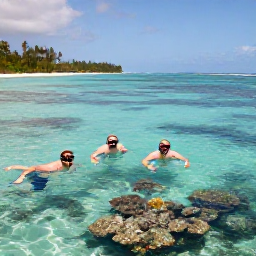Caribbean Holidays, Cayman February Weddings, Happy wedding guests snorkelling in clear Cayman Islands water near a coral reef, with a tropical shoreline in the background