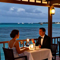 Caribbean Holidays, Cayman February Weddings, Newly married couple enjoying a romantic dinner at a waterfront restaurant in Grand Cayman, with lanterns and the sea beyond