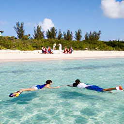 Caribbean Holidays, Cayman February Weddings, Newly married couple snorkelling in clear Caribbean water near Grand Cayman while wedding guests relax on a sunny beach