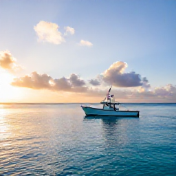 Caribbean Holidays, Cayman Fishing, A small fishing boat setting out at sunrise from Grand Cayman, calm turquoise Caribbean water and a bright coastal horizon